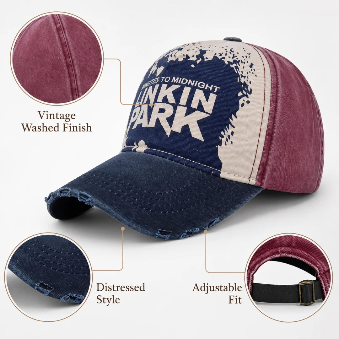 Josh & Tate - DistressedCap™ Embroidered Baseball Cap - A distressed baseball cap with a vintage washed finish, featuring a navy blue brim, a navy and beige front panel with 'LINKIN PARK' text, and a burgundy side panel. Three circular inset callouts highlight the 'Vintage Washed Finish', 'Distressed Style', and 'Adjustable Fit'.
