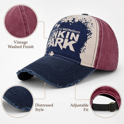 Josh & Tate - DistressedCap™ Embroidered Baseball Cap - A distressed baseball cap with a vintage washed finish, featuring a navy blue brim, a navy and beige front panel with 'LINKIN PARK' text, and a burgundy side panel. Three circular inset callouts highlight the 'Vintage Washed Finish', 'Distressed Style', and 'Adjustable Fit'.