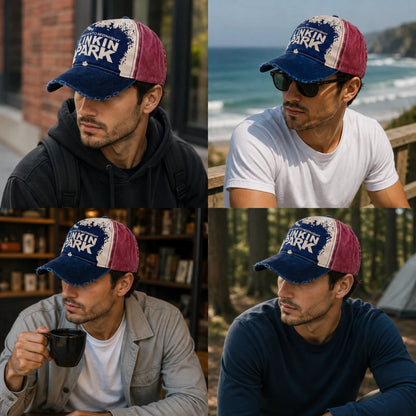 Josh & Tate - DistressedCap™ Embroidered Baseball Cap - A four-panel collage showing a man wearing a trucker-style baseball cap in different outdoor and indoor settings. The cap has a distressed design with a navy blue front panel and brim, and maroon side panels, with white text reading 'PINKIN PARK' across the front.