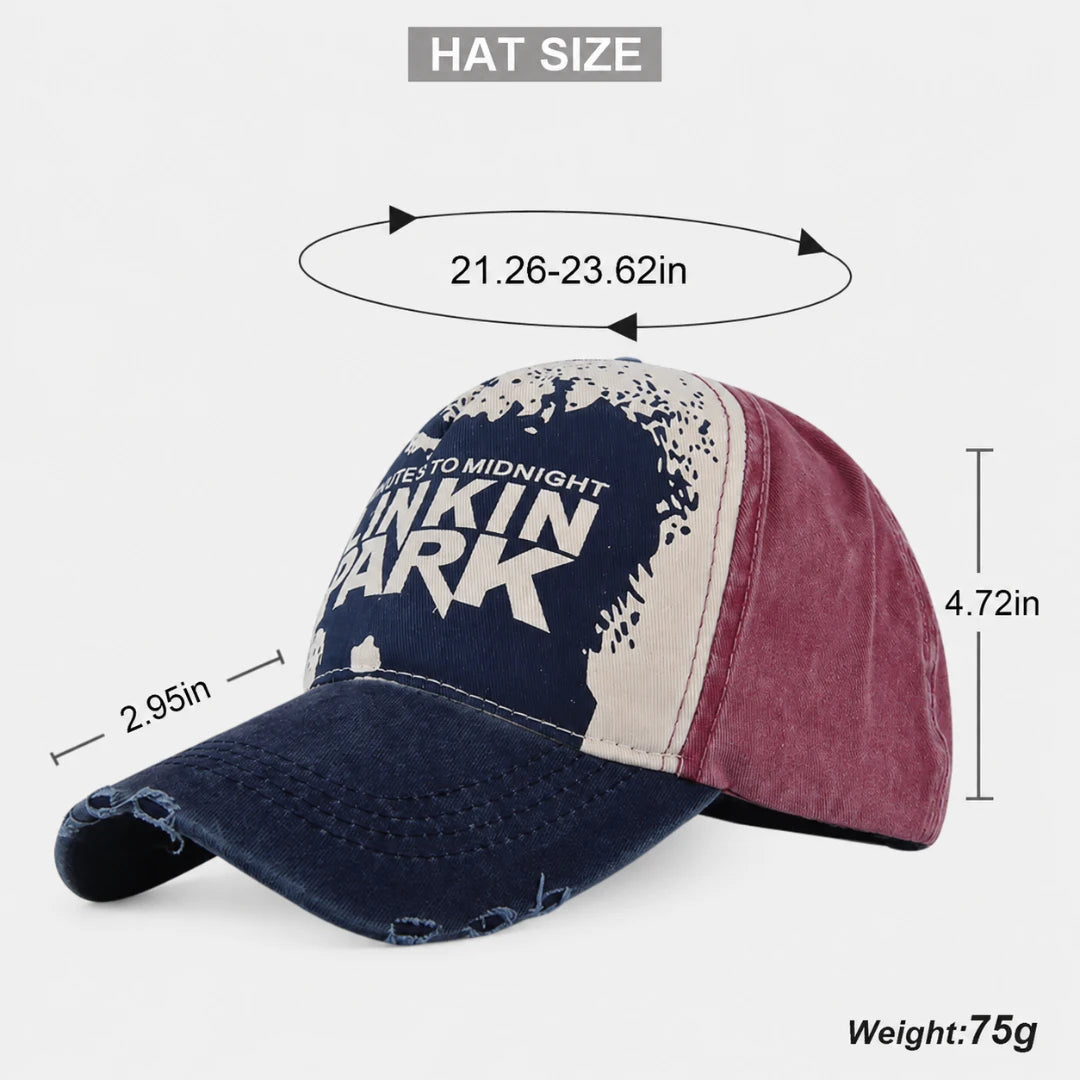 Josh & Tate - DistressedCap™ Embroidered Baseball Cap - A baseball cap with dimension callouts showing hat size, brim width, crown height, and weight on a light gray background. The cap has a distressed color-blocked design in navy blue, off-white, and muted burgundy, with large visible text reading 'DIE TO MIDNIGHT LINKIN PARK'.