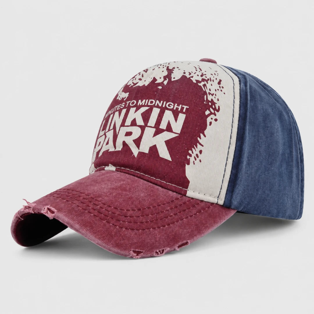 Josh & Tate - DistressedCap™ Embroidered Baseball Cap - A distressed baseball cap featuring a maroon front panel with white text reading 'DANGEROUS TO MIDNIGHT LINKIN PARK', a white splatter graphic, and a blue denim side panel.