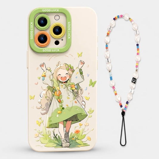 Josh & Tate - DoodleBloom™ iPhone Case - A phone case with a cute anime-style illustration of a girl in a green dress surrounded by butterflies and flowers, shown alongside a matching beaded wrist strap on a light gray background.