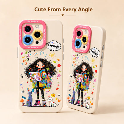 Josh & Tate - DoodleBloom™ iPhone Case - Two views of a phone case on a warm beige background with the text 'Cute From Every Angle' at the top. The phone case is off-white with a colorful cartoon illustration of a girl with curly hair holding a book, surrounded by stars, flowers, and cats.