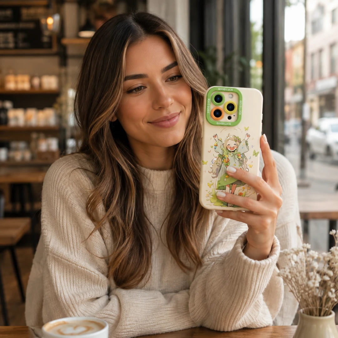 Josh & Tate - DoodleBloom™ iPhone Case - A woman in a cozy cafe setting holds up a cream-colored phone case with a green camera border and a whimsical fairy illustration. The background shows a softly blurred interior with shelves, a coffee cup, and a window view.
