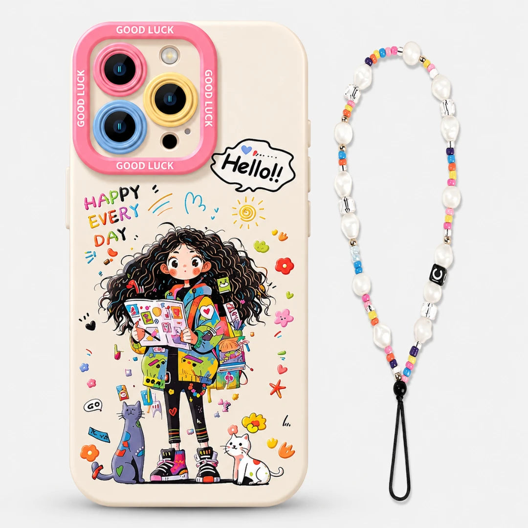 Josh & Tate - DoodleBloom™ iPhone Case - A cream-colored phone case featuring a colorful cartoon illustration of a girl with curly hair, surrounded by doodles and the text 'HAPPY EVERY DAY' and 'Hello!'. The case has a pink camera border with 'GOOD LUCK' written on it and is shown next to a matching beaded phone strap with white pearls and colorful beads.