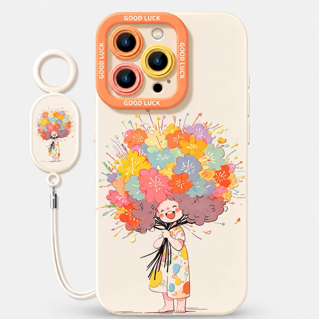 Josh & Tate - DoodleBloom™ iPhone Case - A cream-colored phone case with a colorful cartoon clown holding a large bouquet of flowers, shown alongside a matching white keychain with a small printed illustration.
