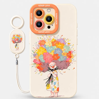 Josh & Tate - DoodleBloom™ iPhone Case - A cream-colored phone case with a colorful cartoon clown holding a large bouquet of flowers, shown alongside a matching white keychain with a small printed illustration.