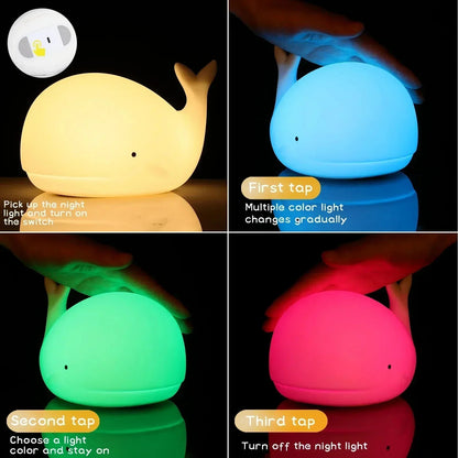 Collage of a whale-shaped night light changing colors with text instructions.