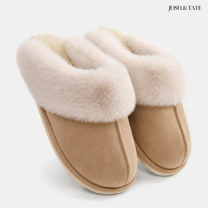 Josh & Tate - DriftWalk™ Plush Slippers - Pair of beige slippers with white fur trim on a light gray background, featuring the brand 'Josh & Tate'.