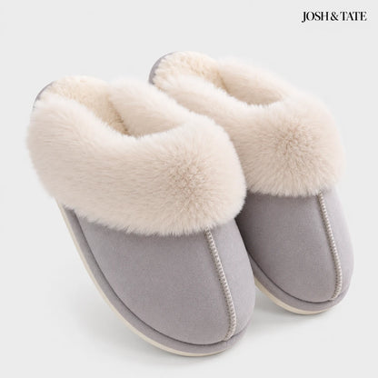 Josh & Tate - DriftWalk™ Plush Slippers - Gray slippers with white fur lining on a light gray background, featuring the brand 'Josh & Tate'.