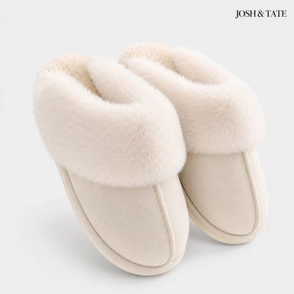 Josh & Tate - DriftWalk™ Plush Slippers - Pair of beige slippers with fluffy interior on a white background, branded 'Josh & Tate'.