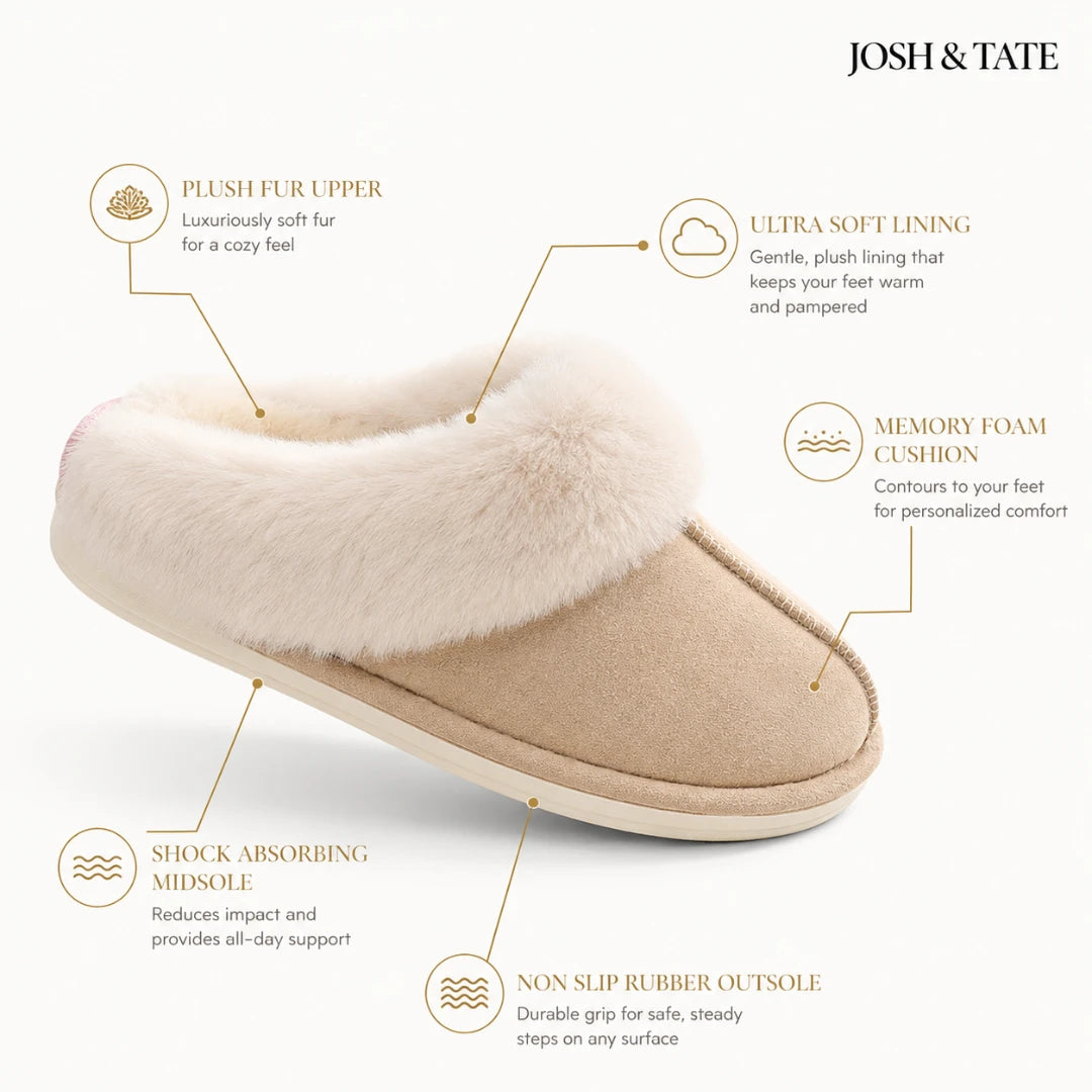 Josh & Tate - DriftWalk™ Plush Slippers - Beige slipper with features highlighted on a white background, branded 'Josh & Tate'.