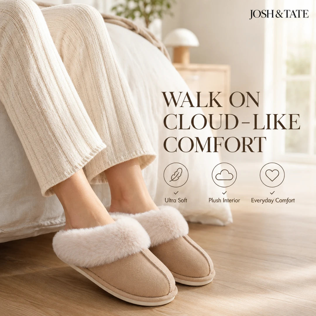 Josh & Tate - DriftWalk™ Plush Slippers - Beige slippers worn with white pants on a wooden floor, featuring Josh & Tate branding.