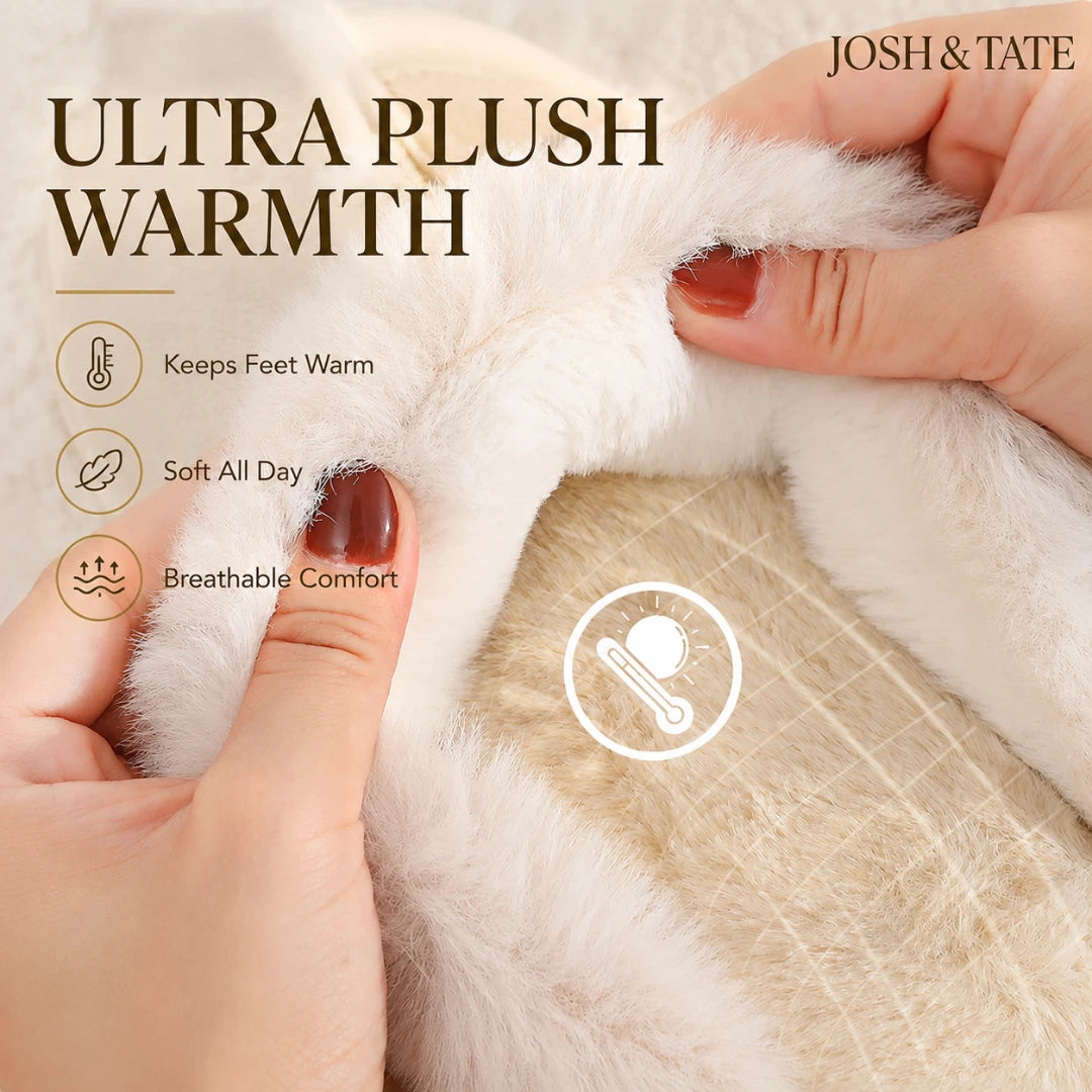 Josh & Tate - DriftWalk™ Plush Slippers - Close-up of hands touching ultra plush material with text on warmth and comfort, brand 'Josh & Tate' visible.