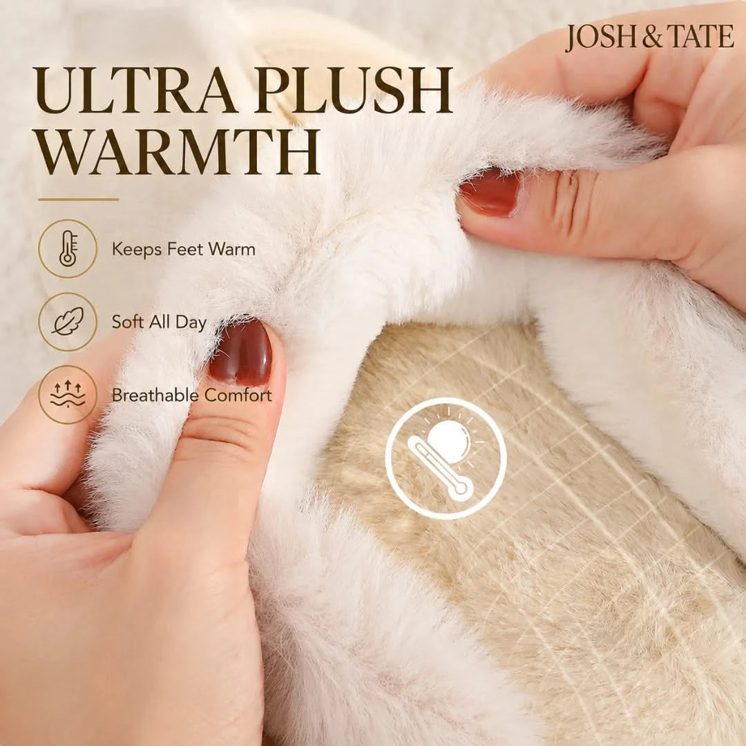 Josh & Tate - DriftWalk™ Plush Slippers - Close-up of hands touching ultra plush material with text on warmth and comfort, brand 'Josh & Tate' visible.
