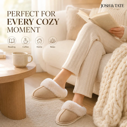Josh & Tate - DriftWalk™ Plush Slippers - Person wearing beige slippers with text 'Perfect for every cozy moment' and 'Josh & Tate' branding.
