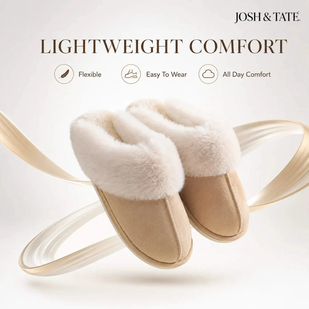 Josh & Tate - DriftWalk™ Plush Slippers - Pair of beige slippers with white fur lining on a light gray background, featuring Josh & Tate branding and comfort attributes.