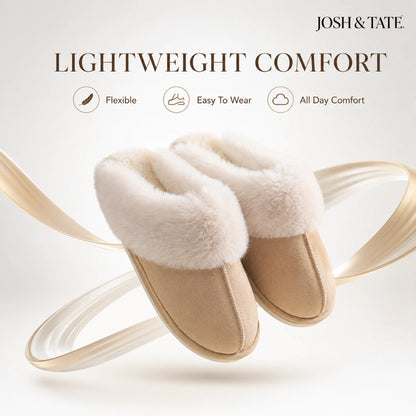 Josh & Tate - DriftWalk™ Plush Slippers - Pair of beige slippers with white fur lining on a light gray background, featuring Josh & Tate branding and comfort attributes.