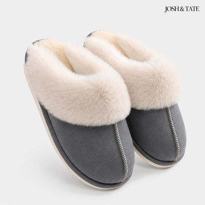 Josh & Tate - DriftWalk™ Plush Slippers - Gray slippers with white fur lining on a light gray background, featuring the brand 'Josh & Tate'.