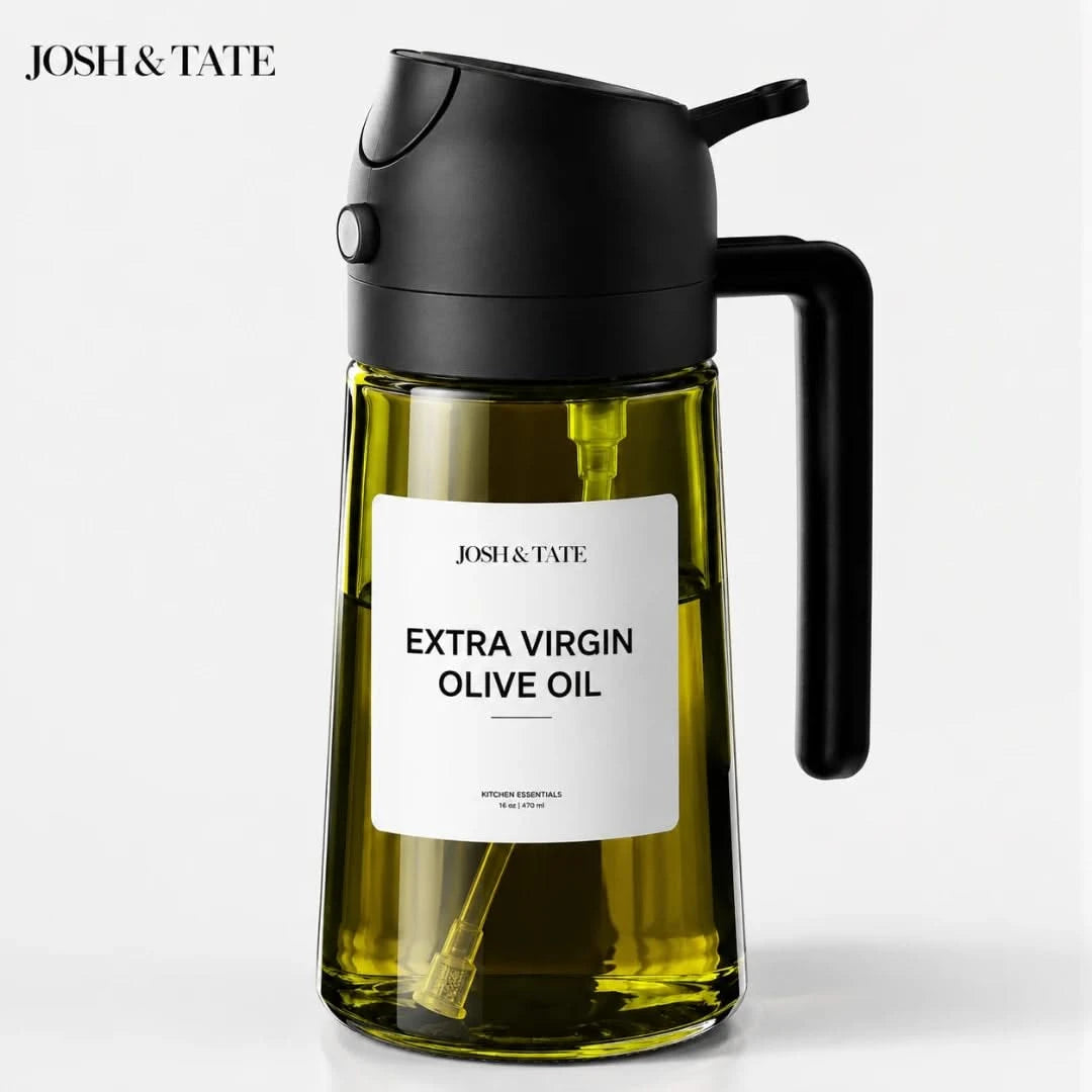 Josh & Tate - DripMist™ 2-in-1 Oil Dispenser - Olive oil bottle with black lid and handle on a white background, featuring the brand 'Josh & Tate'.