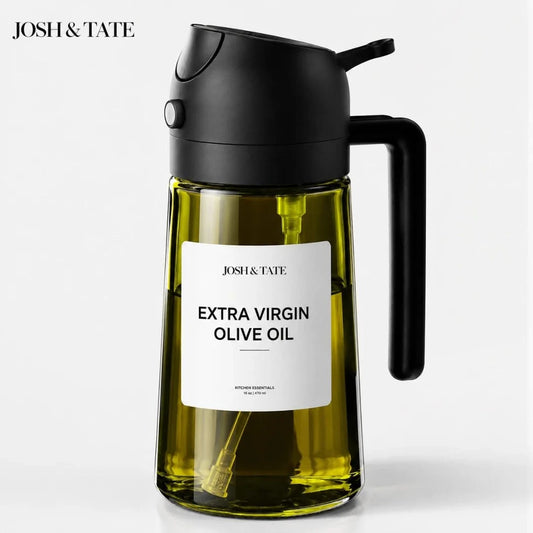 Josh & Tate - DripMist™ 2-in-1 Oil Dispenser - Olive oil bottle with black lid and handle on a white background, featuring the brand 'Josh & Tate'.