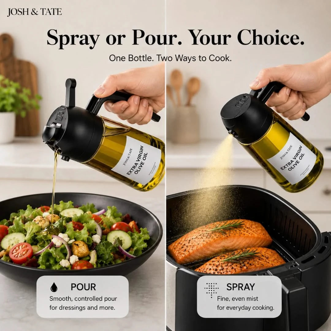 Josh & Tate - DripMist™ 2-in-1 Oil Dispenser - Olive oil bottle with spray and pour features being used on salad and salmon.