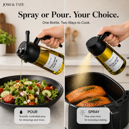Josh & Tate - DripMist™ 2-in-1 Oil Dispenser - Olive oil bottle with spray and pour features being used on salad and salmon.