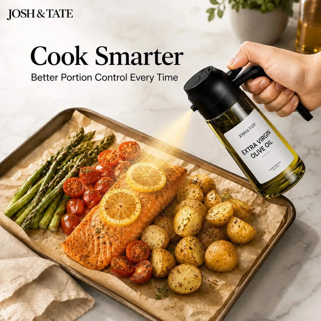Josh & Tate - DripMist™ 2-in-1 Oil Dispenser - Olive oil bottle being poured over a roasted salmon and vegetable tray with 'Josh & Tate' branding.