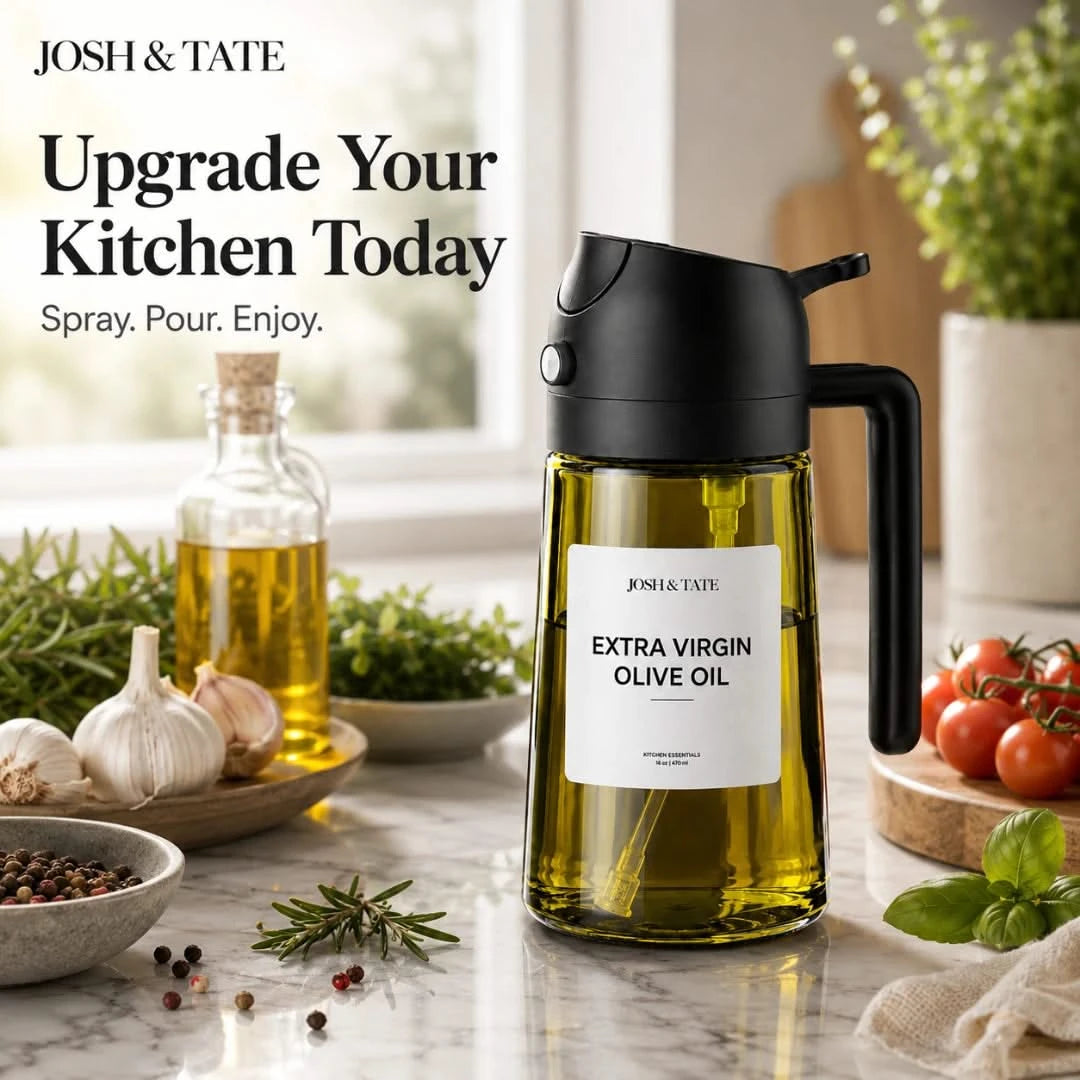 Josh & Tate - DripMist™ 2-in-1 Oil Dispenser - Olive oil dispenser with 'Josh & Tate' branding on a kitchen counter with ingredients.