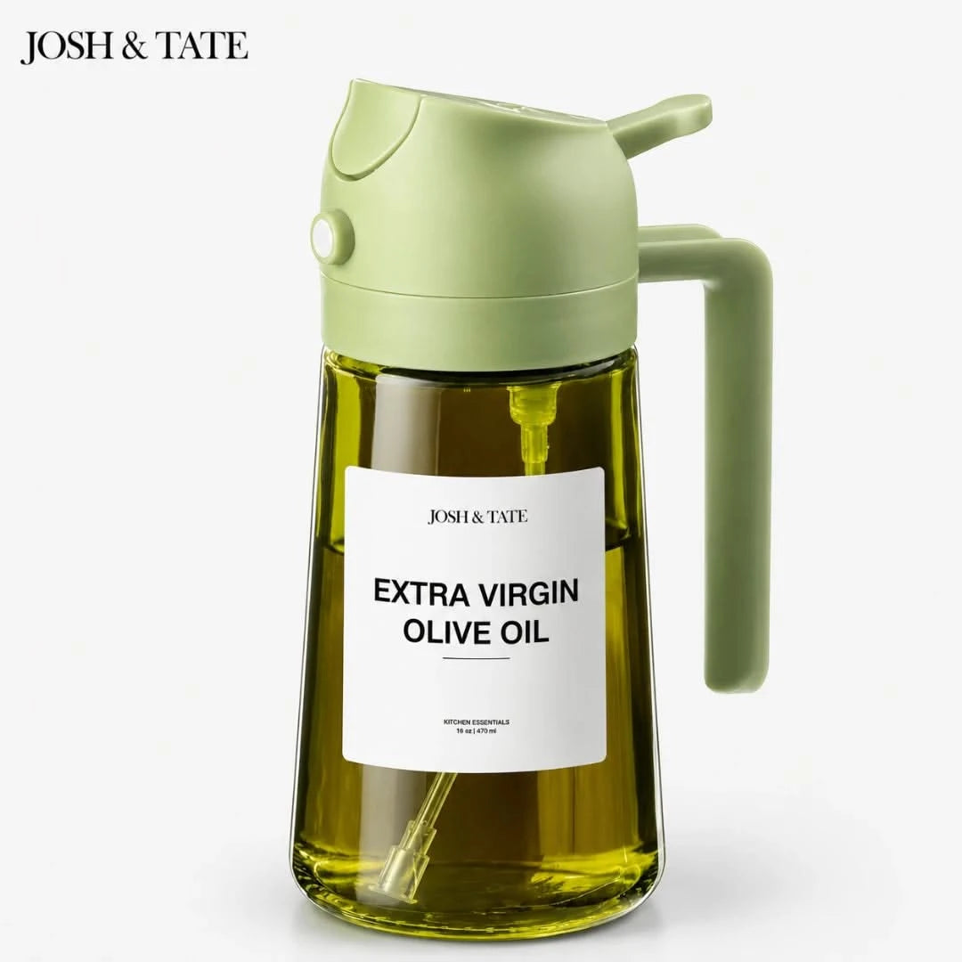 Josh & Tate - DripMist™ 2-in-1 Oil Dispenser - Green olive oil bottle with a label on a white background, featuring the brand 'Josh & Tate'.