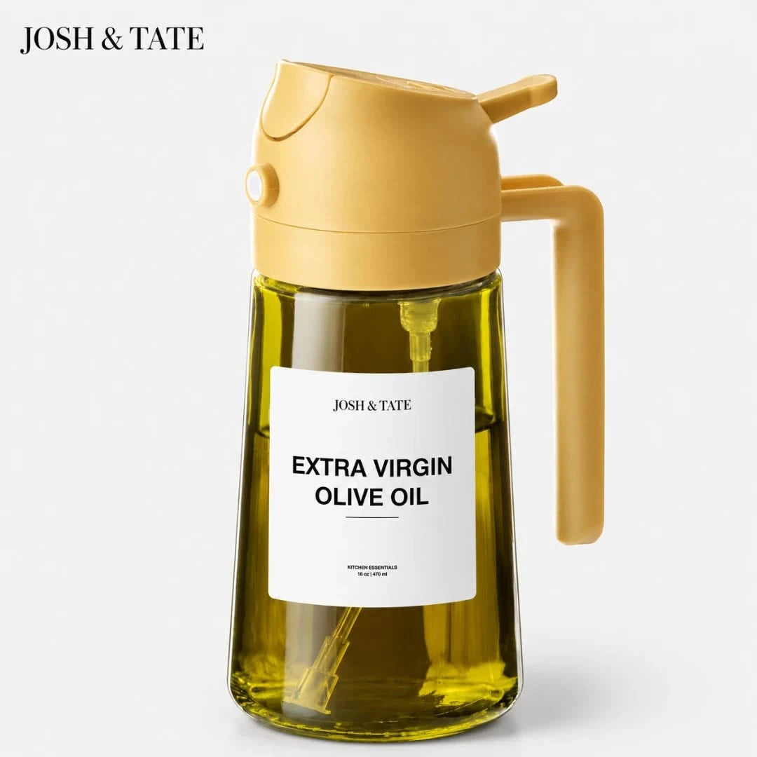 Josh & Tate - DripMist™ 2-in-1 Oil Dispenser - Olive oil bottle with yellow lid and handle on a white background, featuring 'Josh & Tate' branding.