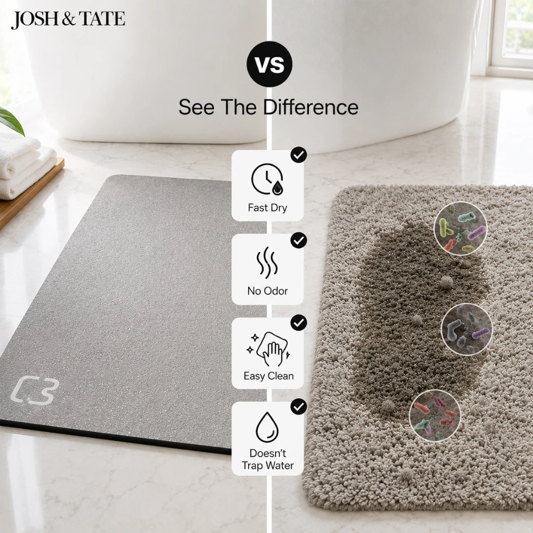 Josh & Tate - DryStep™ Diatomite Non-Slip Bath Mat - Two bath mats side by side with features listed on a white background.