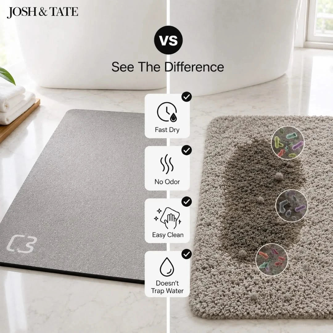 Josh & Tate - DryStep™ Diatomite Non-Slip Bath Mat - Two bath mats side by side with features listed on a white background.