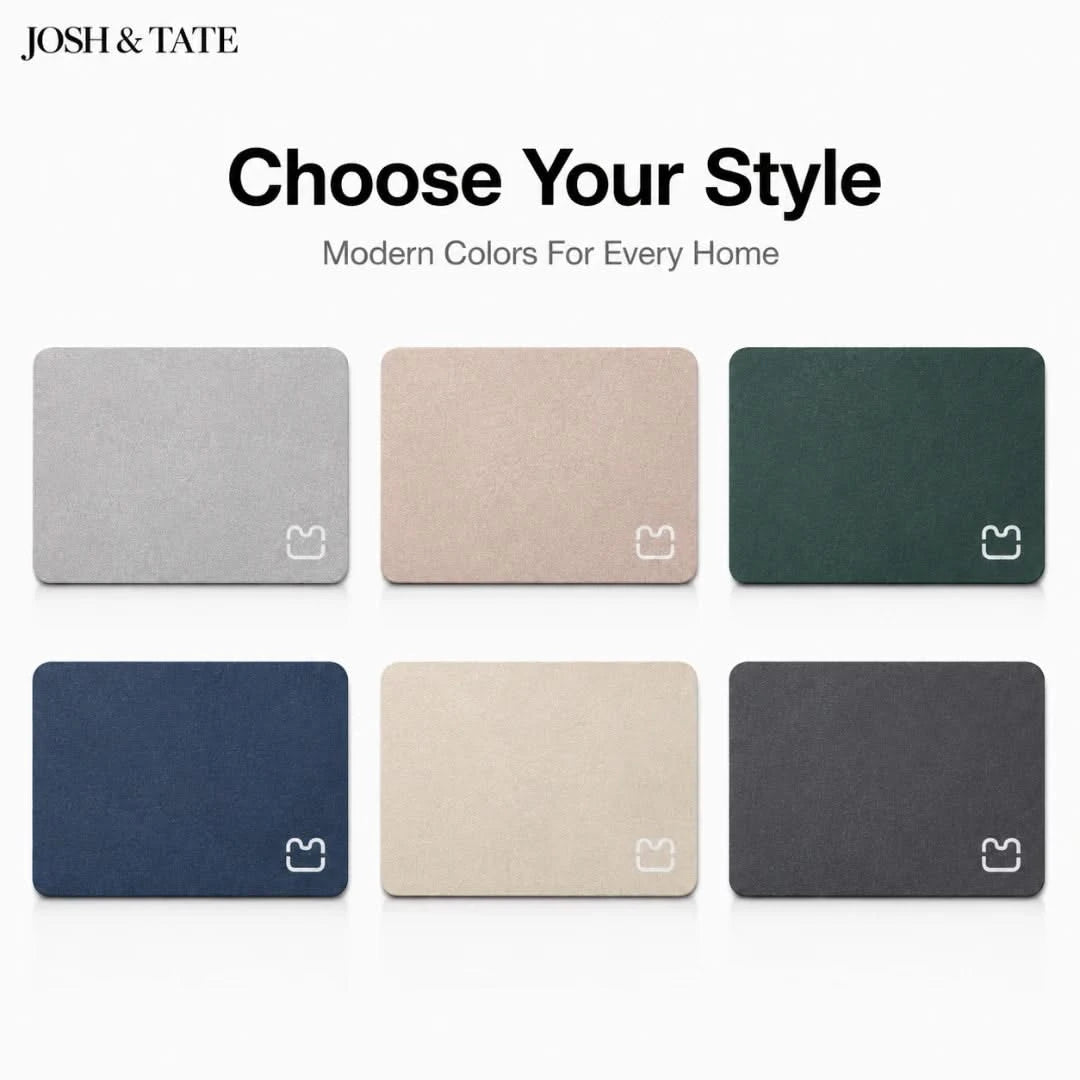 Josh & Tate - DryStep™ Diatomite Non-Slip Bath Mat - Color swatches for home decor with 'Josh & Tate' branding and text 'Choose Your Style'.