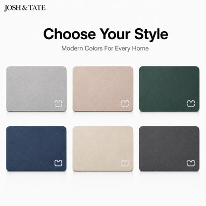 Josh & Tate - DryStep™ Diatomite Non-Slip Bath Mat - Color swatches for home decor with 'Josh & Tate' branding and text 'Choose Your Style'.