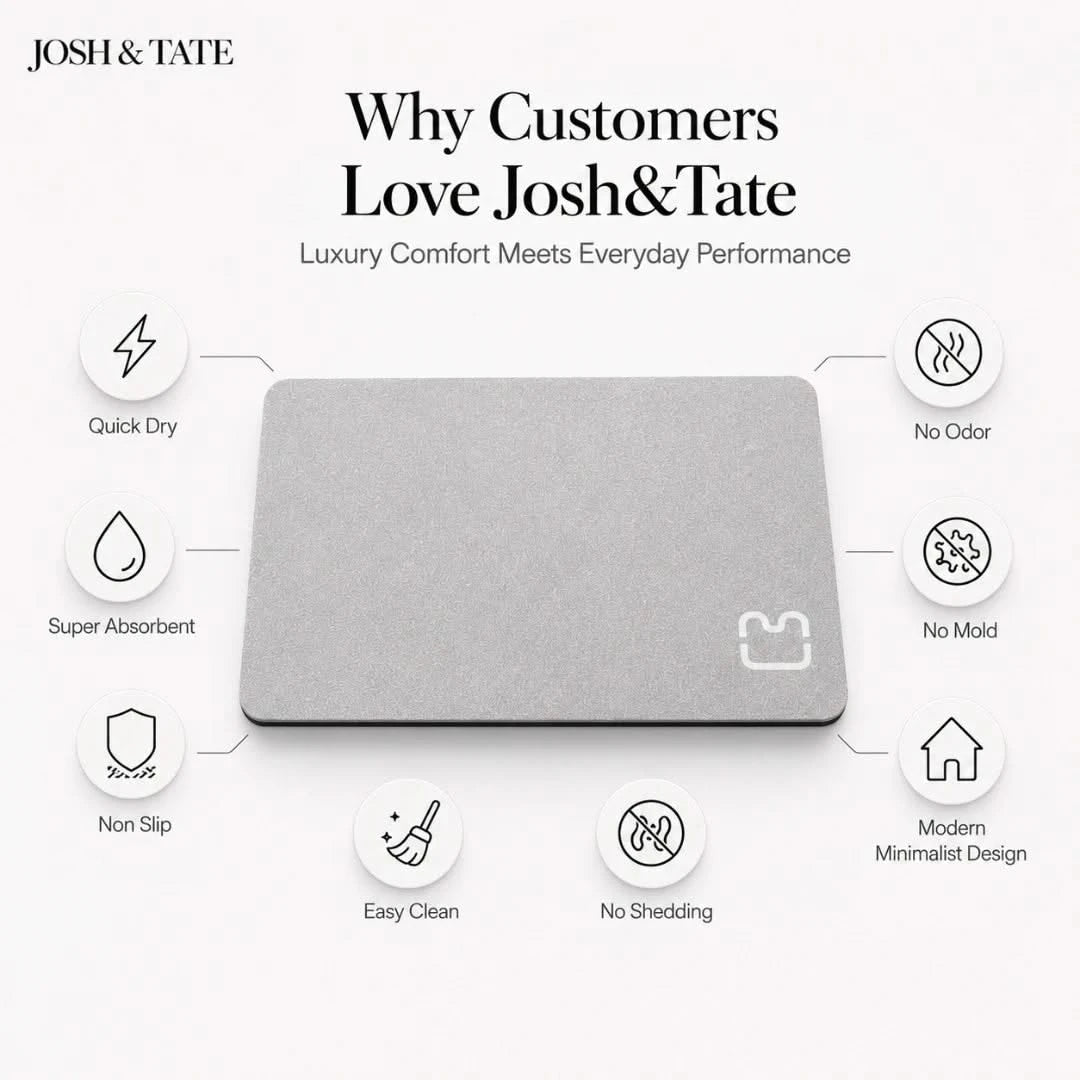 Josh & Tate - DryStep™ Diatomite Non-Slip Bath Mat - Gray mat with features listed on a white background, featuring the brand 'Josh & Tate'.
