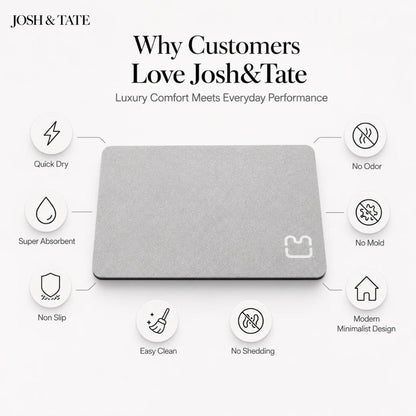 Josh & Tate - DryStep™ Diatomite Non-Slip Bath Mat - Gray mat with features listed on a white background, featuring the brand 'Josh & Tate'.