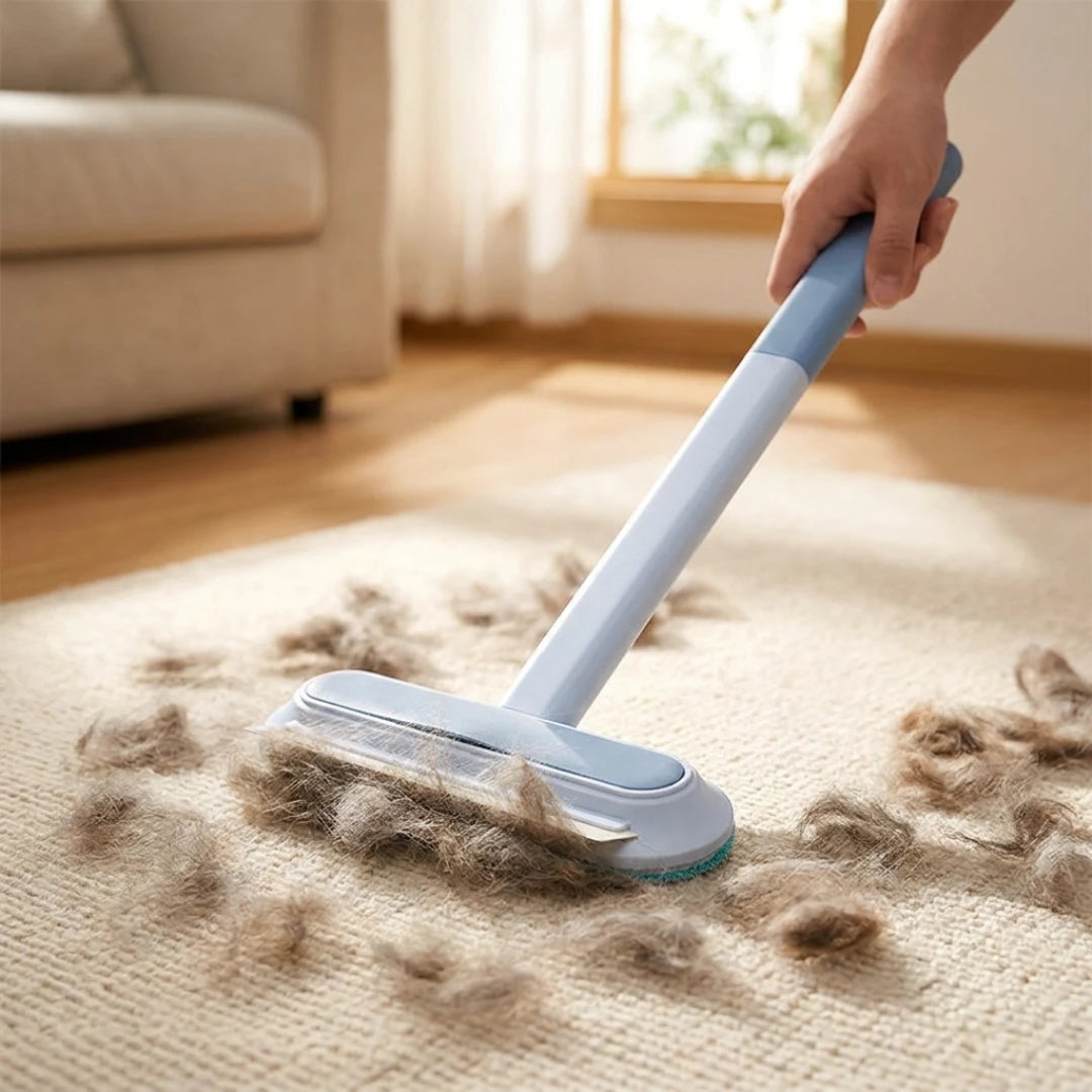 Josh & Tate - DualSwipe™ Multi-Surface Pet Hair Brush - Person using a pet hair removal brush on a carpet with visible pet hair.