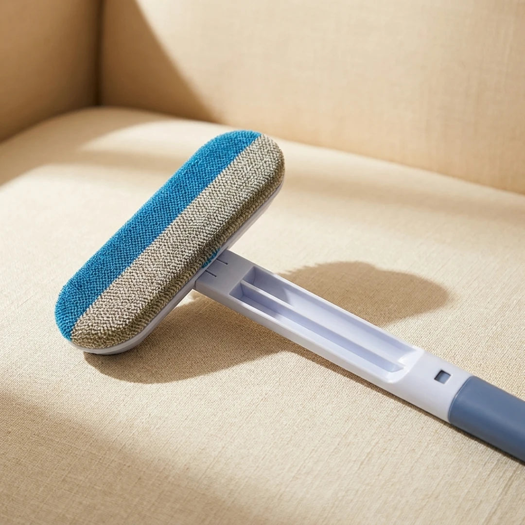 Josh & Tate - DualSwipe™ Multi-Surface Pet Hair Brush - Cleaning tool with a blue and gray head on a beige surface