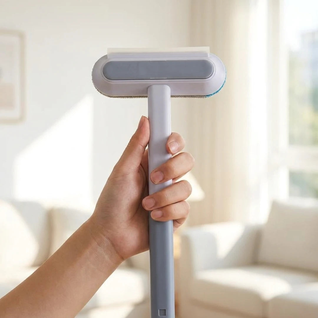 Josh & Tate - DualSwipe™ Multi-Surface Pet Hair Brush - Hand holding a gray handheld cleaning device in a bright room.