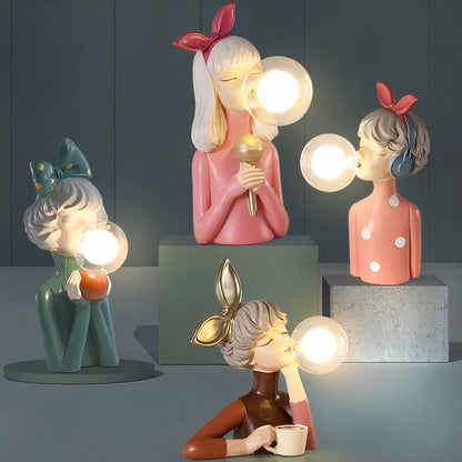 Decorative lamps shaped like stylized women with different hairstyles and outfits, each holding a light bulb.