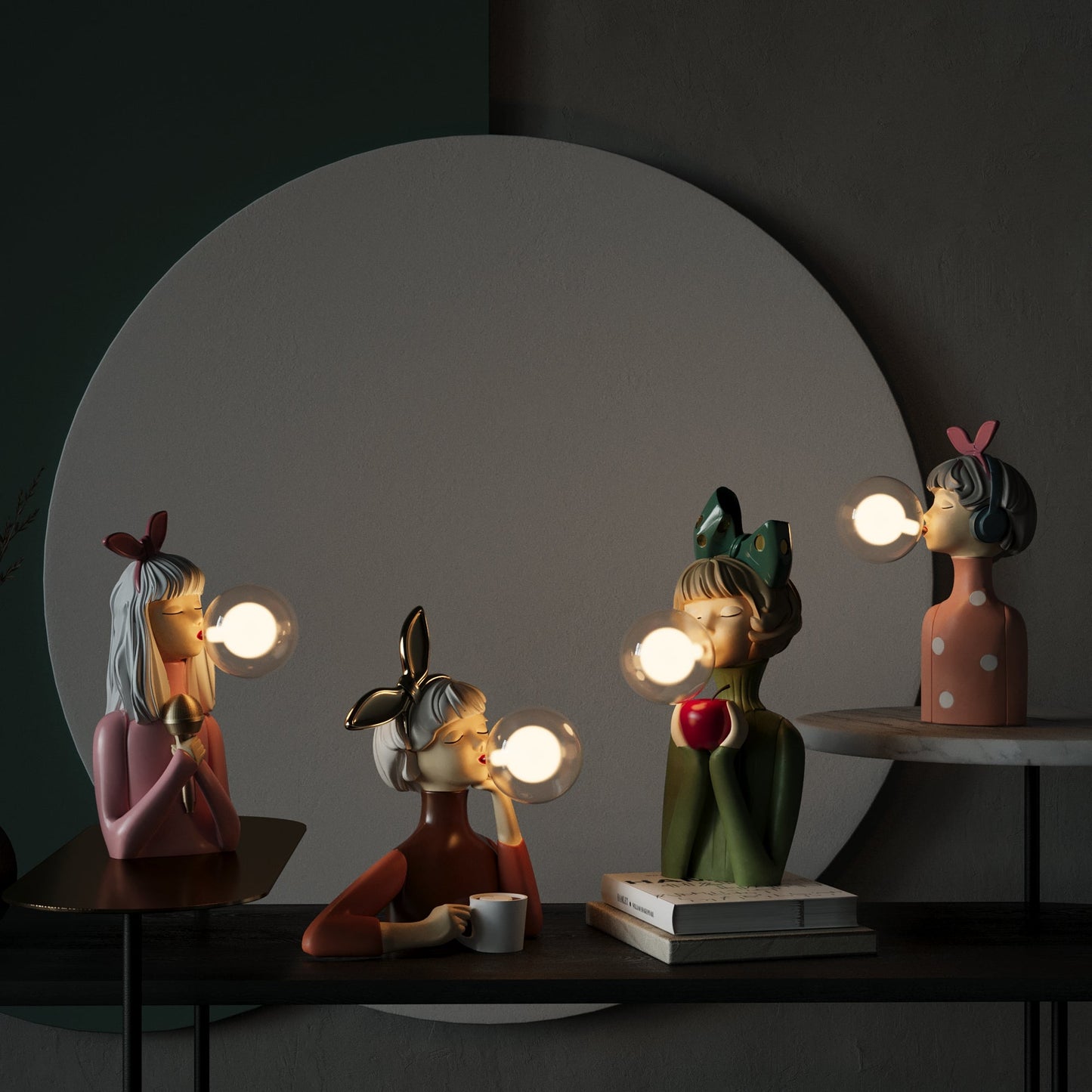 Four decorative lamps shaped like cartoon characters on a dark background