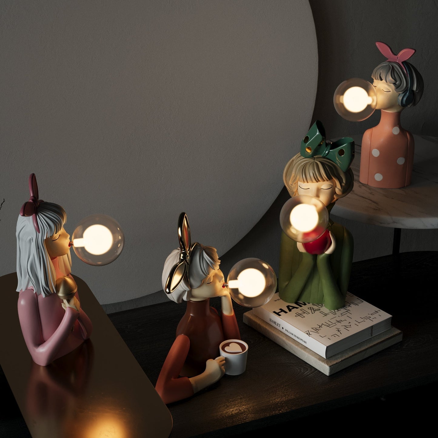 Three decorative lamps shaped like people on a table with a dark background