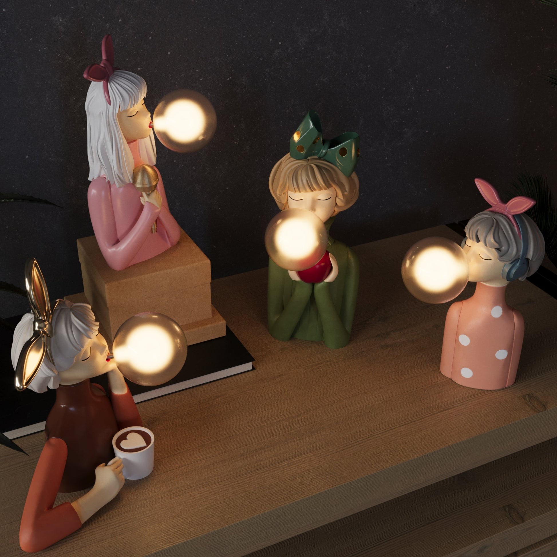 Four decorative lamps shaped like people with different hairstyles and outfits on a wooden surface.
