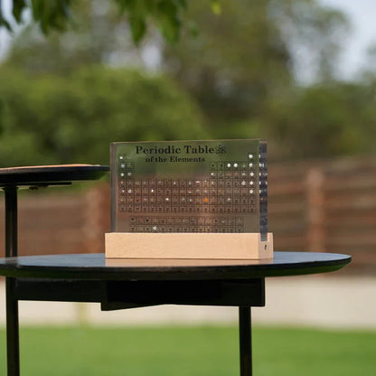 Periodic Table of Elements on a wooden stand outdoors