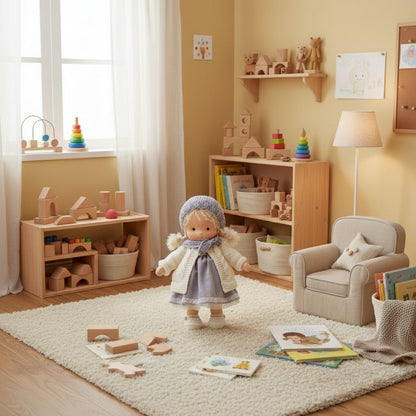 Children's playroom with toys, books, and a doll on a rug.