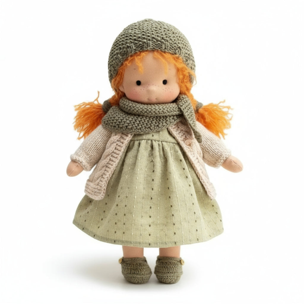 Doll wearing a green dress, hat, and scarf on a white background