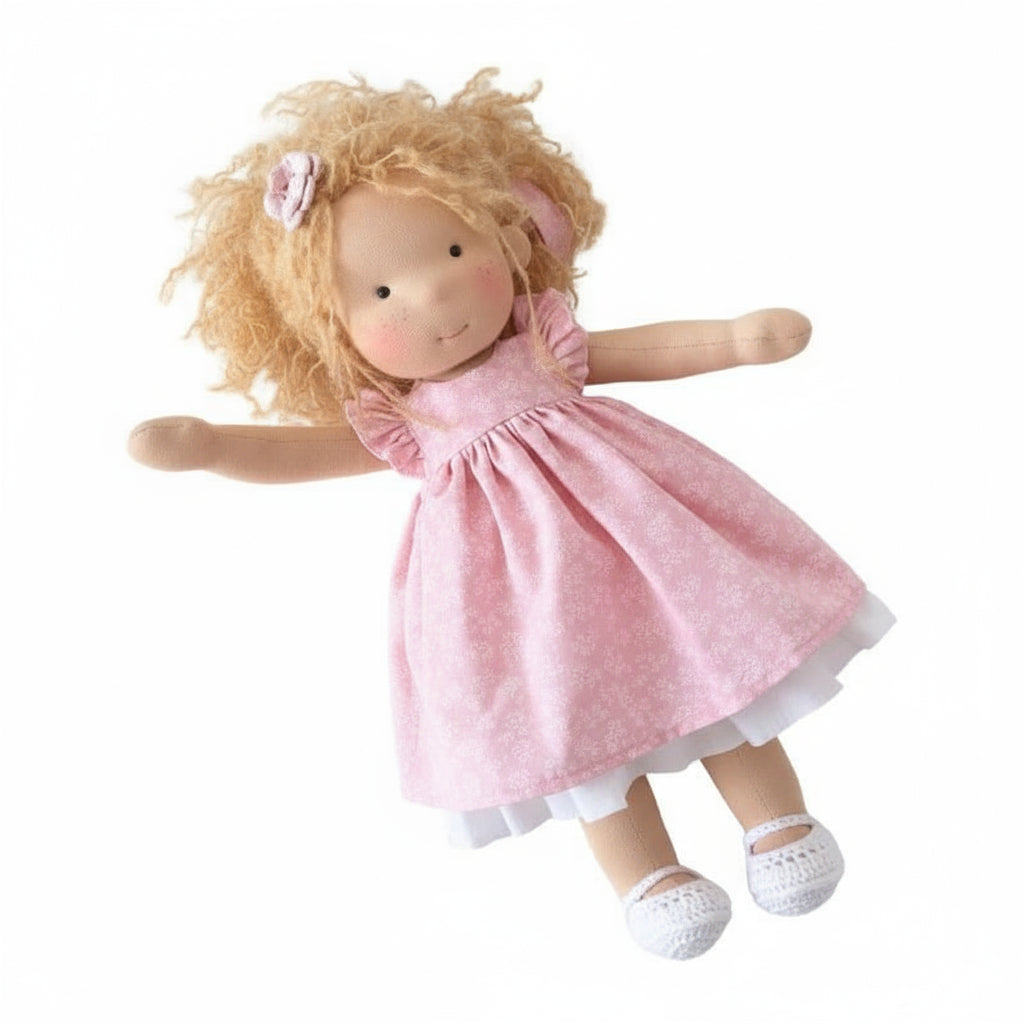 Doll with blonde hair and a pink dress on a white background