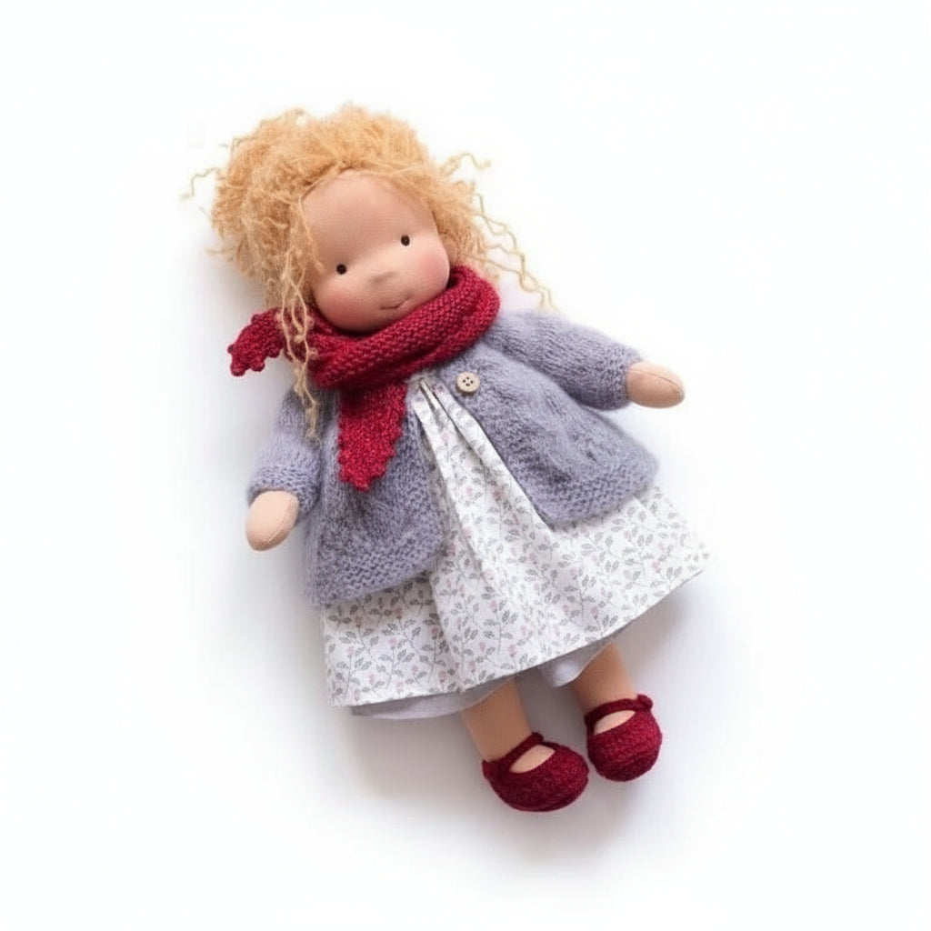 Doll wearing a gray outfit with a red scarf on a white background