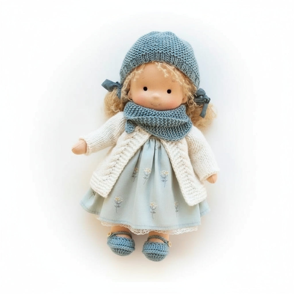 Doll wearing a blue knitted hat, scarf, and shoes on a white background